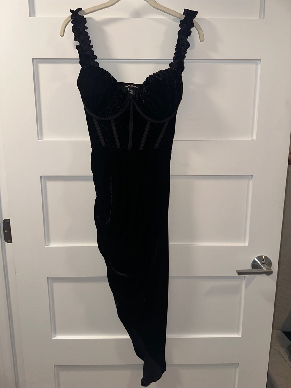 PrettyLittleThing Black Asymmetrical Velvet Corset Dress